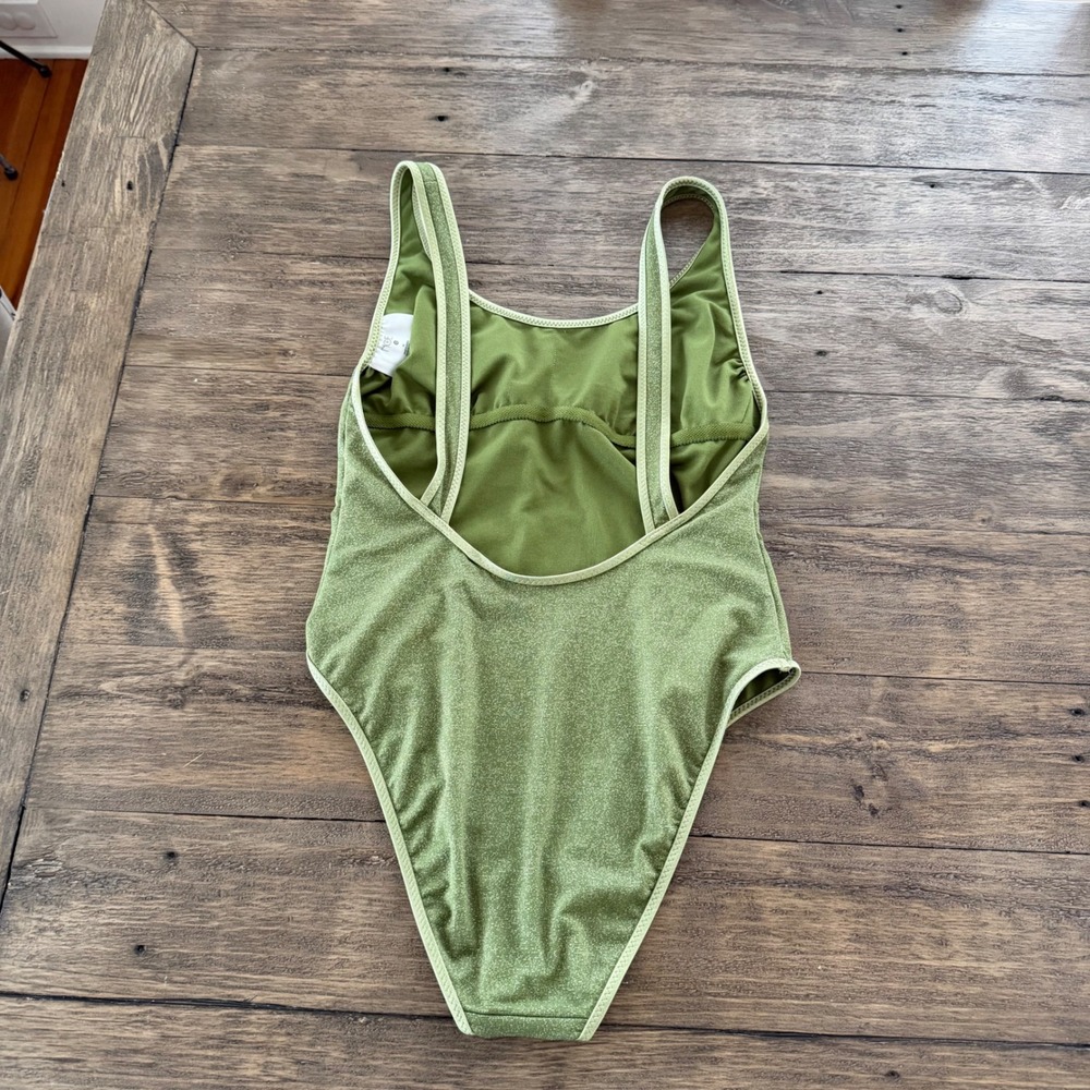 FE Noel Target Sage Green Metallic Shimmer High Leg One Piece Swimsuit Medium - Picture 3 of 4